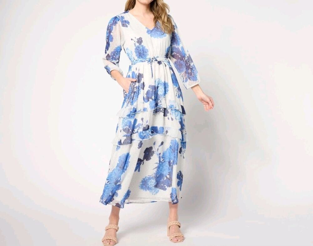Destination 365 Blue Floral Clip Dot Chiffon Maxi Dress Size Med A643232 NWOT